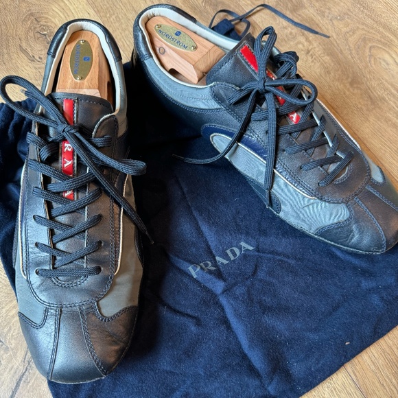 Prada Sport Navy Blue Leather and Nylon Lace Up Sneakers Prada